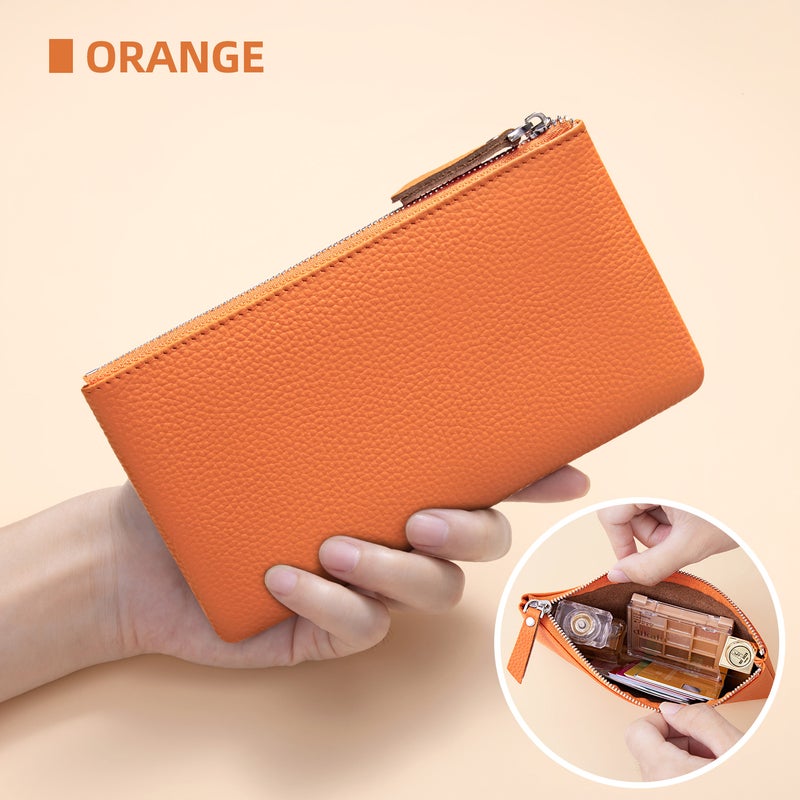 banyanu Portable genuine leather zippered coin purse, mini coin purse for women, can hold credit cards, folded banknotes, ID card, keys, earphones, lipstick, etc. (Orange) - Image 1