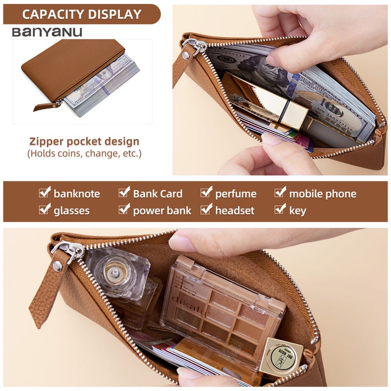 banyanu Portable genuine leather zippered coin purse, mini coin purse for women, can hold credit cards, folded banknotes, ID card, keys, earphones, lipstick, etc. (Orange) - Image 3