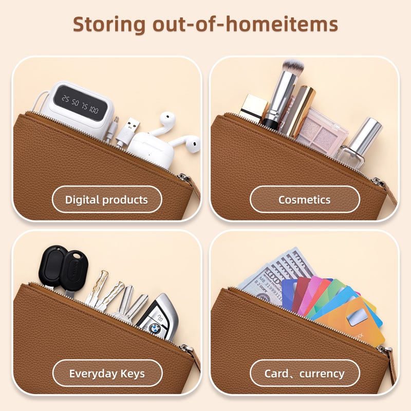 banyanu Portable genuine leather zippered coin purse, mini coin purse for women, can hold credit cards, folded banknotes, ID card, keys, earphones, lipstick, etc. (Orange) - Image 4