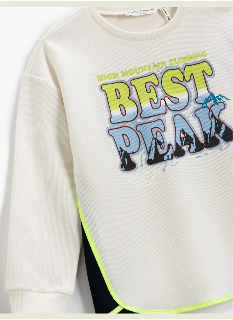كوتون Color Contrast Sweatshirt Slogan Themed Printed Ribbed