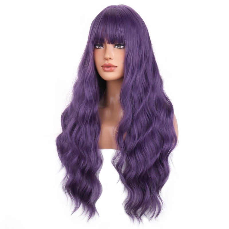 BERON Purple Long Wigs Womens Wavy Wigs with Bangs Dark Purple Curly Synthetic for Cosplay Party Wigs Wig Cap Included