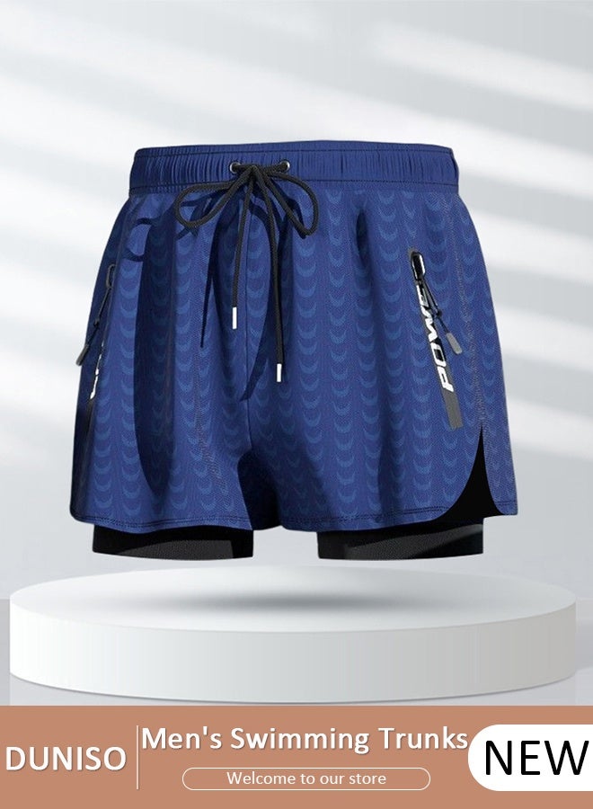 DUNISO Men's Swimming Trunks with Compression Liner, Double Layer Quick Dry Beach Shorts with Adjustable Belt Loose Breath Swim Shorts with Zipper Pockets Suits for Beach and Swimming - Image 1