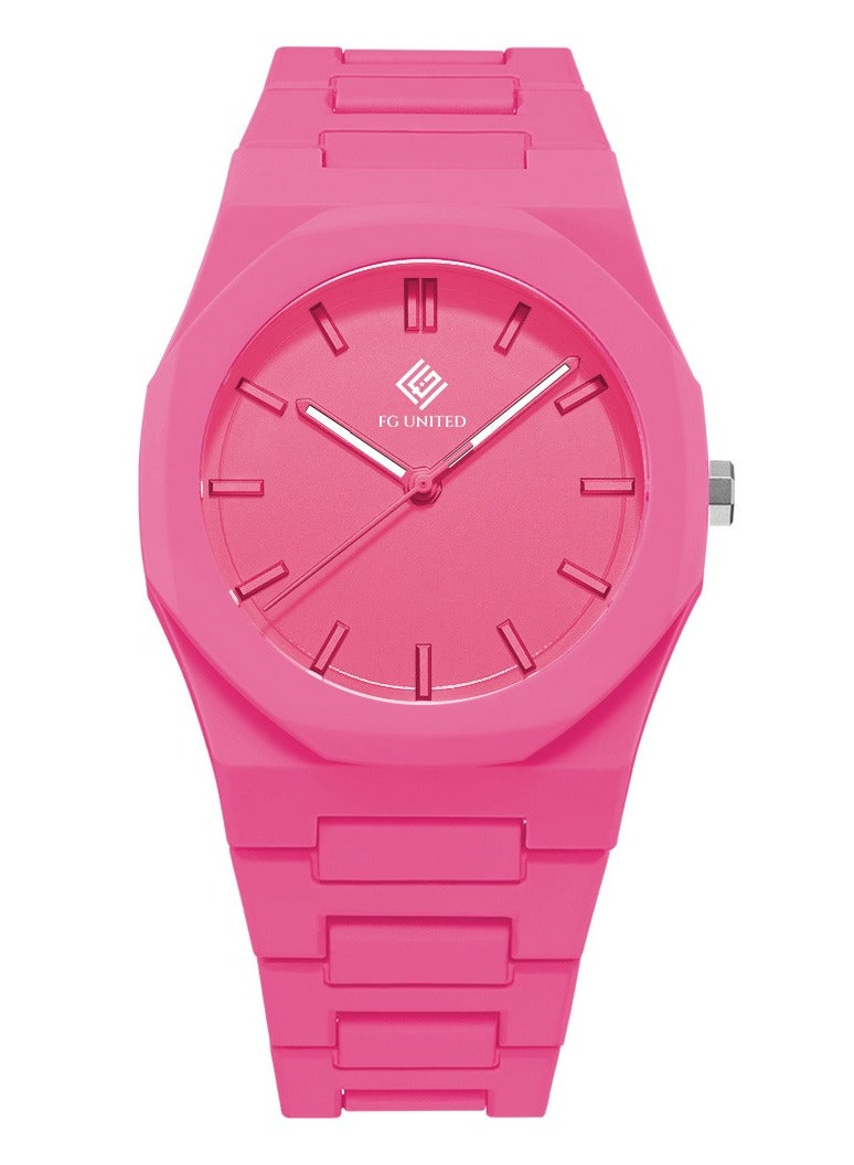 FG UNITED ساعة يد كوارتز فاخرة للرجال بحزام بلاستيكي وردي 40 مم - FG6005