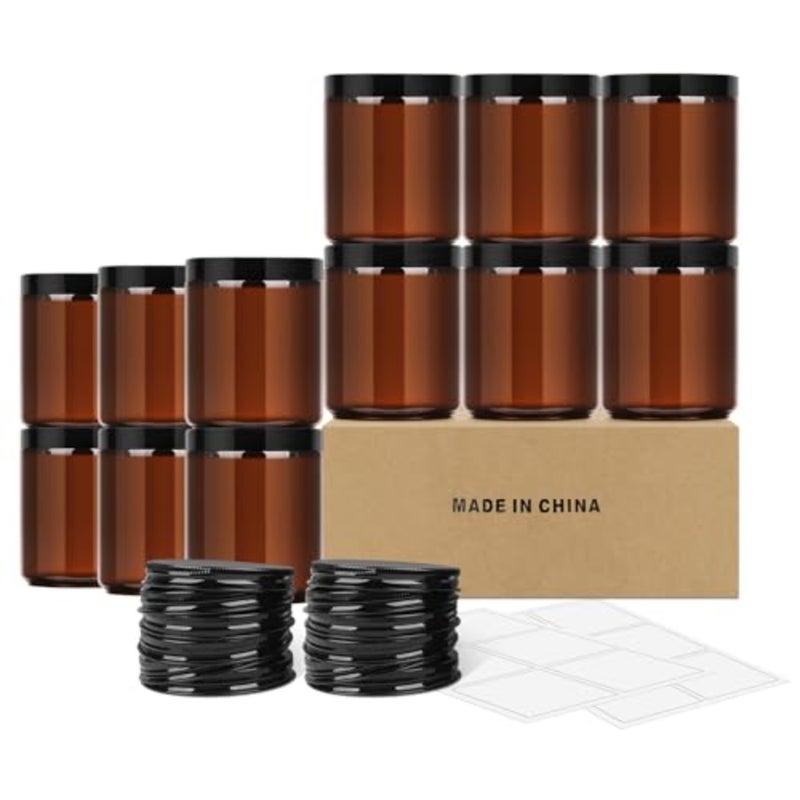 8oz Amber Glass Jars with Plastic and Metal Lids, 12 Pack Airtight Empty Candle Jars, Small Mason Jars for Food Storage, Spices, Honey, Candy, DIY Candles, and Crafts - Image 1