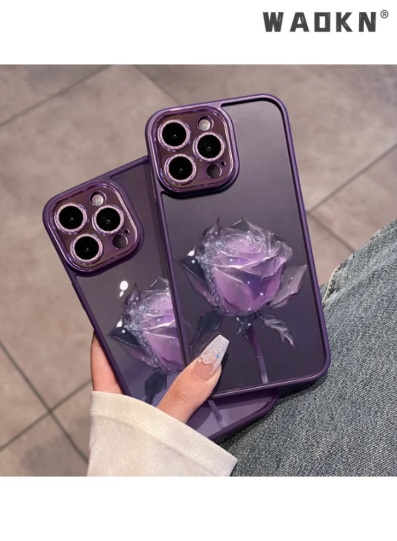 WAOKN Ultra-Premium iPhone 15 Pro Case in Dark Purple Rose Design with Sparkling Lens Film Protection,A Symbol of Elegance, Durability, and Timeless Beauty for the Modern Smartphone Enthusiast - Image 4