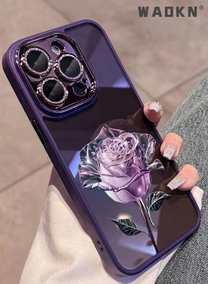 WAOKN Ultra-Premium iPhone 15 Pro Case in Dark Purple Rose Design with Sparkling Lens Film Protection,A Symbol of Elegance, Durability, and Timeless Beauty for the Modern Smartphone Enthusiast - Image 3