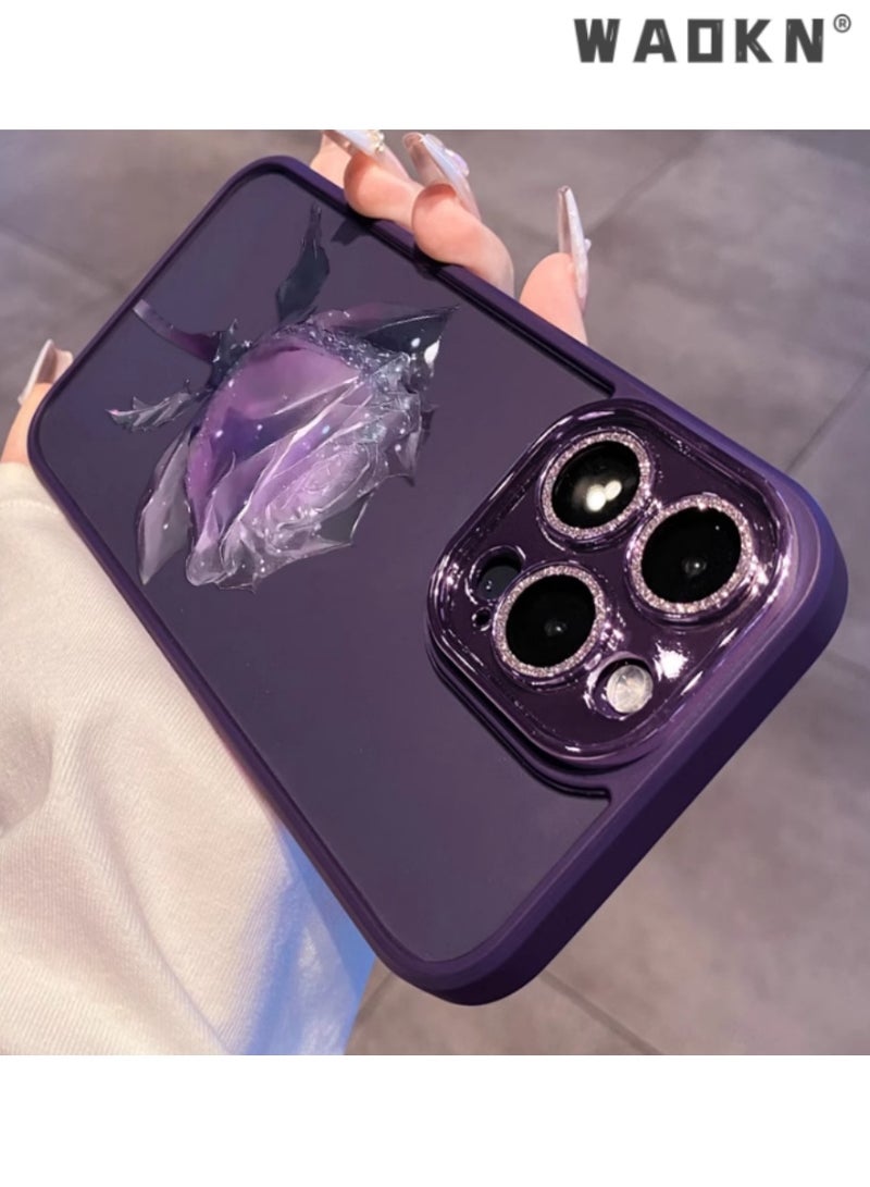 WAOKN Ultra-Premium iPhone 15 Pro Case in Dark Purple Rose Design with Sparkling Lens Film Protection,A Symbol of Elegance, Durability, and Timeless Beauty for the Modern Smartphone Enthusiast - Image 2