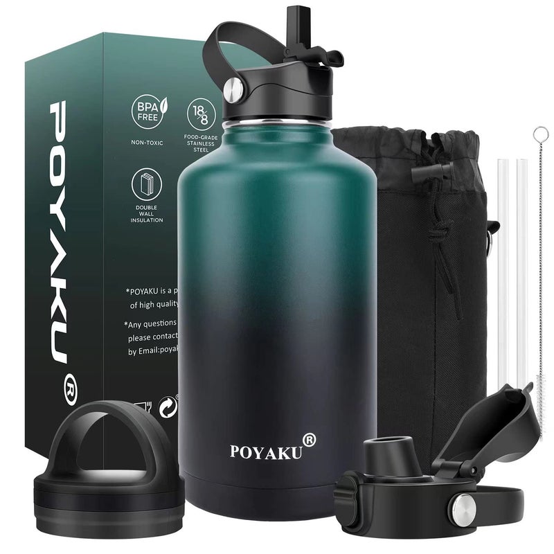 POYAKU Water Bottle Insulated 64 oz- Straw lid and Auto Spout lid, Leak Proof, Vacuum Insulated, Large Metal Stainless Steel Water Jug Half Gallon Wide Mouth for Sports, Gym, Keep Cold 24H Hot 12H - Image 1