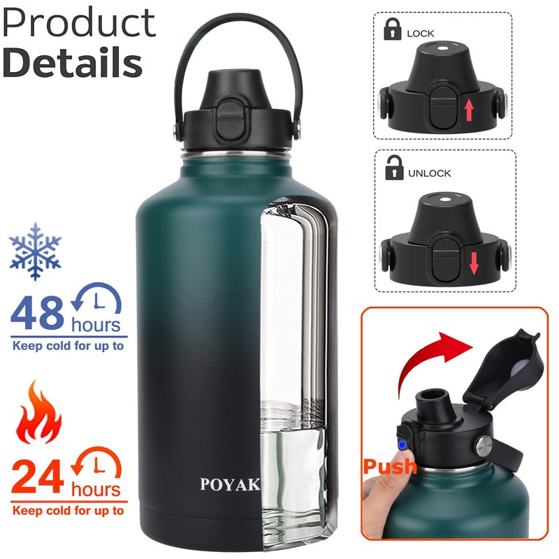 POYAKU Water Bottle Insulated 64 oz- Straw lid and Auto Spout lid, Leak Proof, Vacuum Insulated, Large Metal Stainless Steel Water Jug Half Gallon Wide Mouth for Sports, Gym, Keep Cold 24H Hot 12H - Image 2