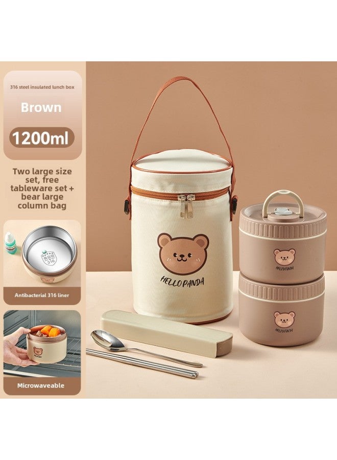 316 Food Grade Stainless Steel Insulated Lunch Box Microwave Oven Heating Soup Bowl Children Bento Box Portable Lunch Box Gift-Specifications:316: Brown-2 Large + Soup Bowl Bag + Portable Tableware (bear Type)  - Image 1