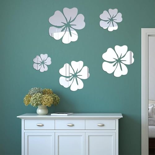 V2H 5Pcs Flower Shaped Mirror Wall Stickers Mirror Wall Sticker Decal for Home Living Room Bedroom Cafe Restaurants Decor 3D Flower DIY Wall Decoration Silver - Image 1