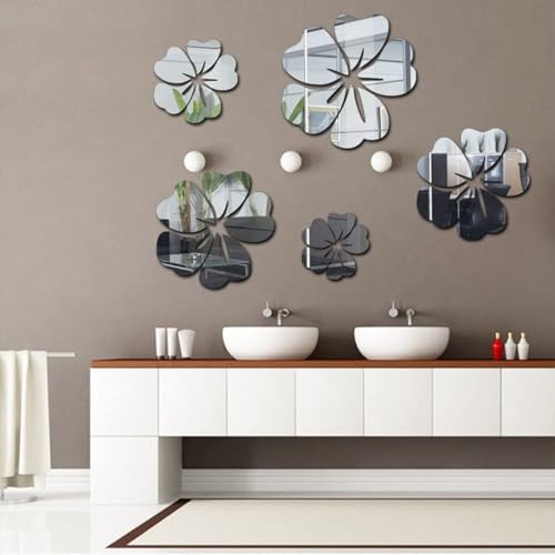 V2H 5Pcs Flower Shaped Mirror Wall Stickers Mirror Wall Sticker Decal for Home Living Room Bedroom Cafe Restaurants Decor 3D Flower DIY Wall Decoration Silver - Image 2