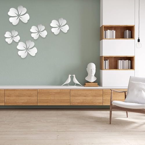 V2H 5Pcs Flower Shaped Mirror Wall Stickers Mirror Wall Sticker Decal for Home Living Room Bedroom Cafe Restaurants Decor 3D Flower DIY Wall Decoration Silver - Image 4