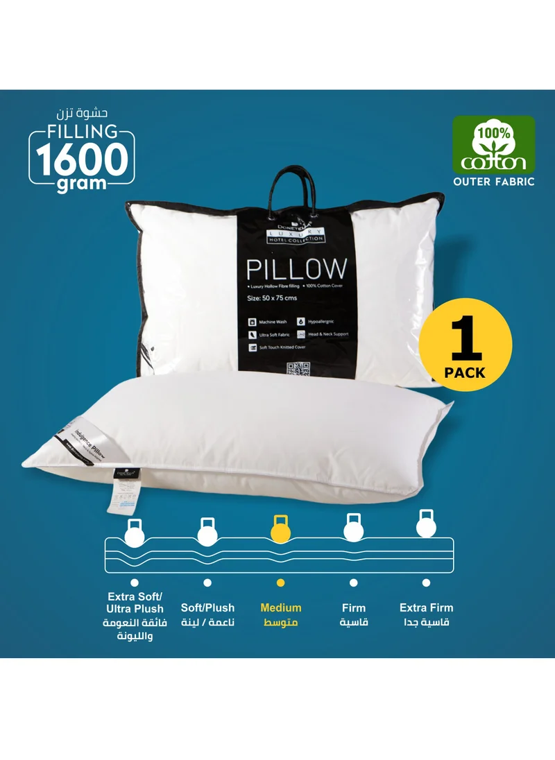 Donetella Cotton Pillow 1-Piece 1600 Gm Sleeping Bed Pillow King Size 50X75 Cm Hotel Style Double Edge Stitched Premium Gel Fibre, Medium Loft, White