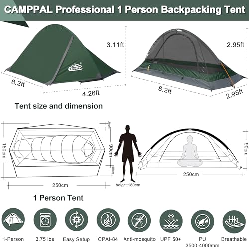camppal 1 Person Tent for Camping Hiking Mountain Hunting Backpacking Tents 4 Season Resistance to Windproof Rainproof and Waterproof - Image 5