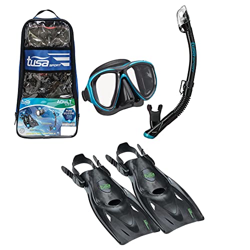 TUSA Sport Adult Powerview Mask, Dry Snorkel, and Fins Travel Set, Large, Black/Ocean Green, UP-2521B-BKOG-L - Image 1