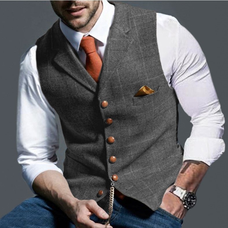 Spring and Autumn European and American Amazon Mens Casual Plaid Vest Mens Slim-fit Vest Mens Jacket Light gray - Image 1