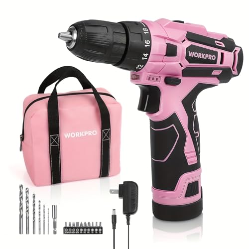 WORKPRO Pink Cordless Drill Driver Set, 12V Electric Screwdriver Driver Tool Kit, 3/8" Keyless Chuck, Charger and Storage Bag Included - Pink Ribbon - Image 1