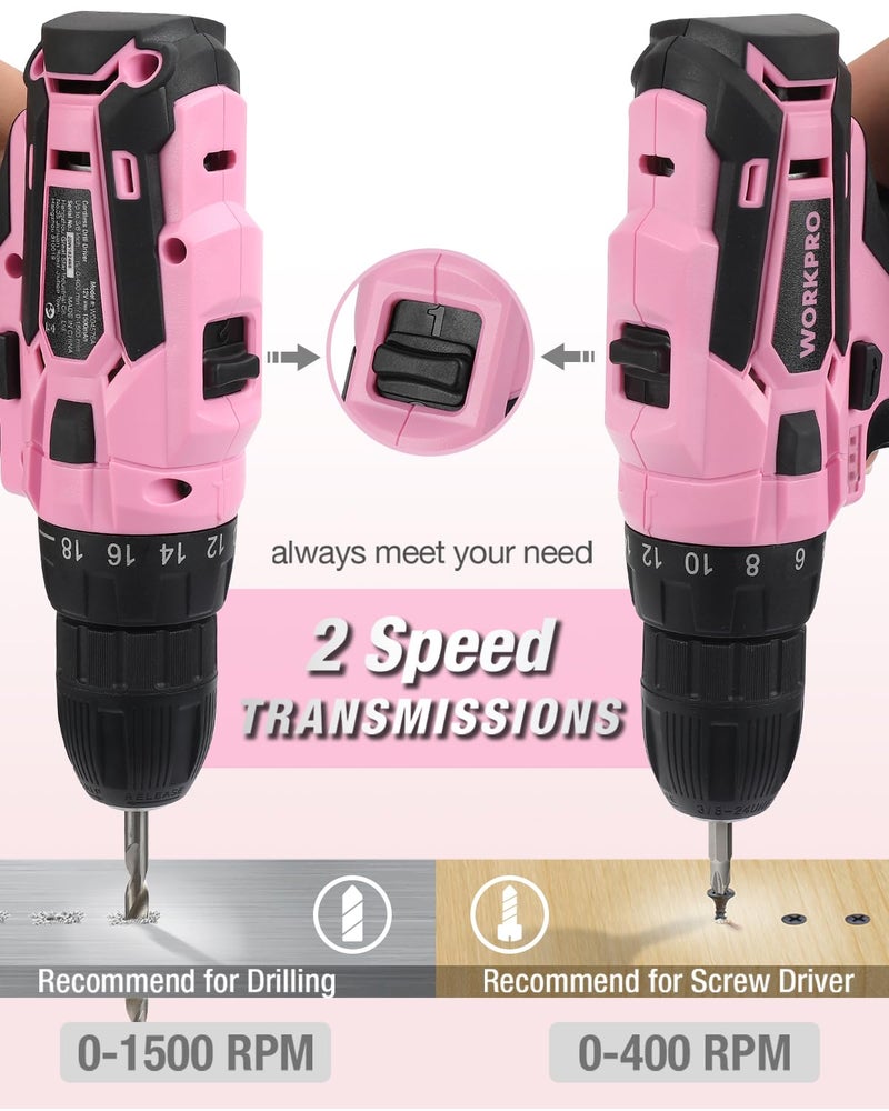 WORKPRO Pink Cordless Drill Driver Set, 12V Electric Screwdriver Driver Tool Kit, 3/8" Keyless Chuck, Charger and Storage Bag Included - Pink Ribbon - Image 5