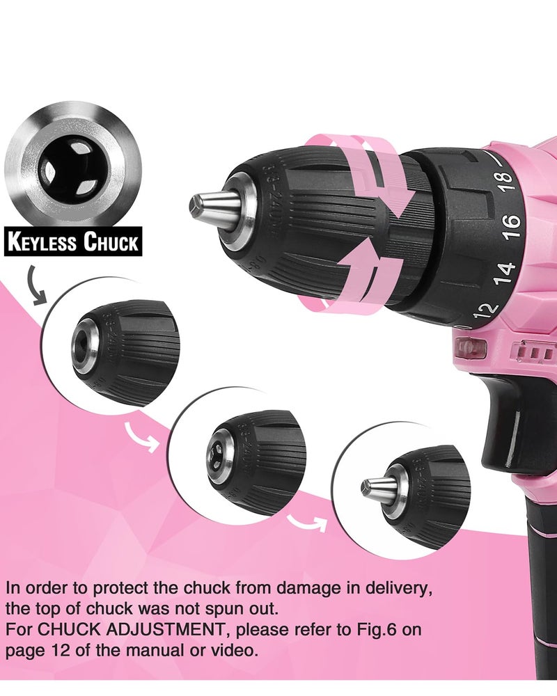 WORKPRO Pink Cordless Drill Driver Set, 12V Electric Screwdriver Driver Tool Kit, 3/8" Keyless Chuck, Charger and Storage Bag Included - Pink Ribbon - Image 4