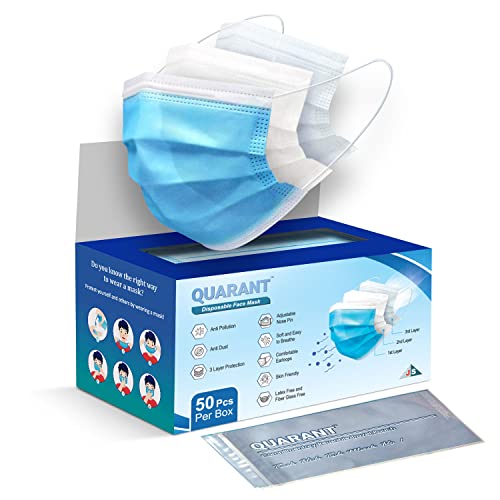 QUARANT Melt Blown - SMMS Fabric 3 Ply Disposable Face Mask with Nose Clip and Reusable Travel Pouch (Blue, Pack of 50) for Unisex - Image 1