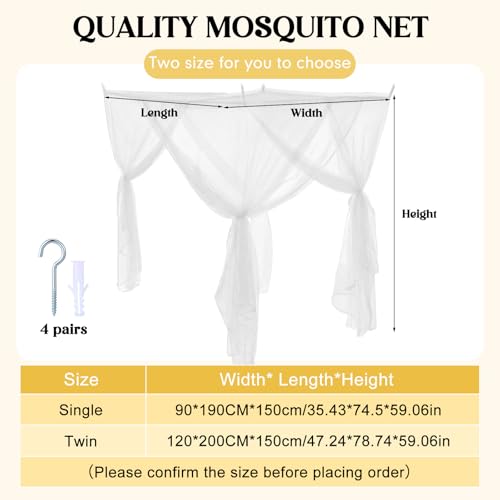 Mindsoft 4 Corners White Bed Canopy Curtains for Single Twin Full Size Mosquito Net Rectangular Bed Drapes for Bedroom Home Indoor Patio Outdoor DecorationL79 X W47 X H59 Inch - Image 3