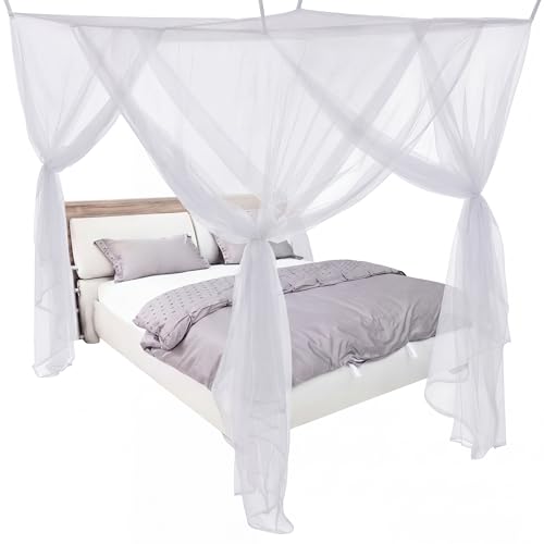 Mindsoft 4 Corners White Bed Canopy Curtains for Single Twin Full Size Mosquito Net Rectangular Bed Drapes for Bedroom Home Indoor Patio Outdoor DecorationL79 X W47 X H59 Inch - Image 1