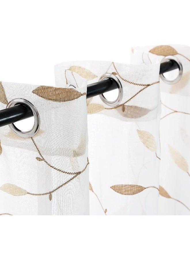 Lazzzy Sheer Curtains Embroidered Floral Bedroom Curtains Leaf Voile Drapes for Living Room Kitchen Light Diffusing Window Curtain Set of 2 Panels Grommet Top 63 inch Length Gold on White - Image 3