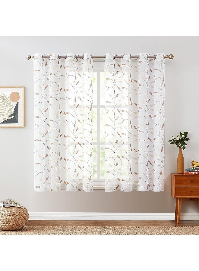Lazzzy Sheer Curtains Embroidered Floral Bedroom Curtains Leaf Voile Drapes for Living Room Kitchen Light Diffusing Window Curtain Set of 2 Panels Grommet Top 63 inch Length Gold on White - Image 2
