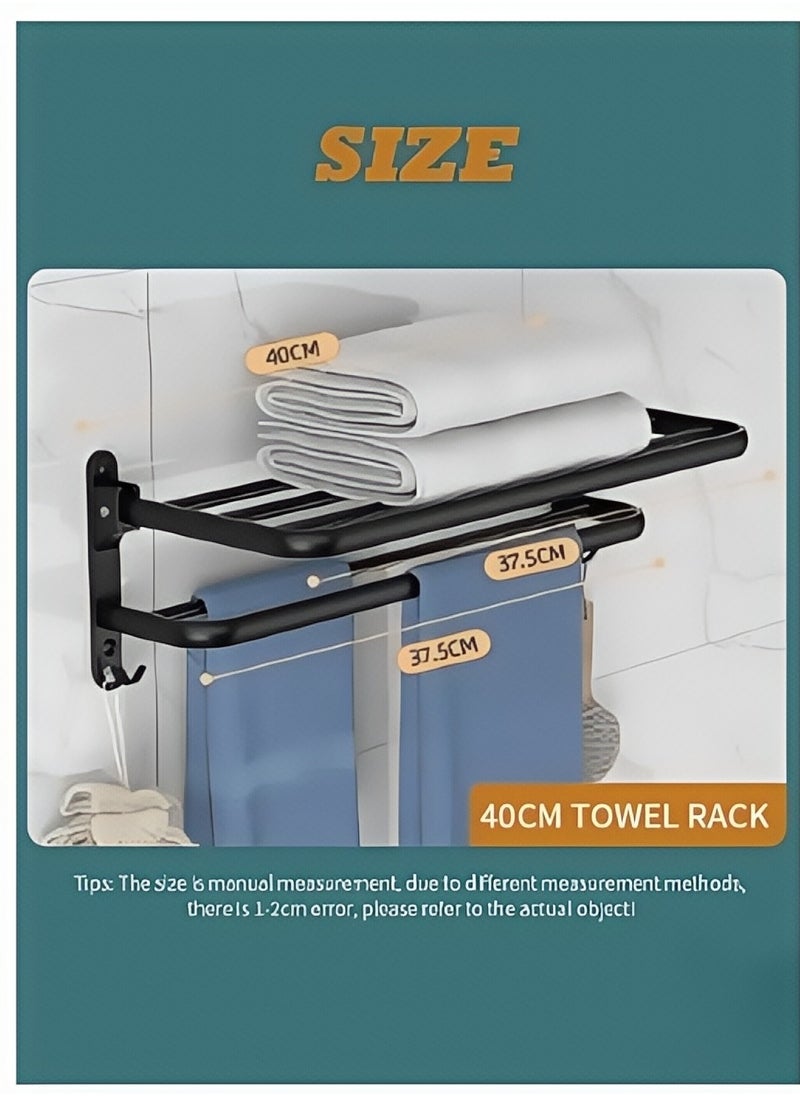 Beautiful 40 CM Bathroom Towel Rack Organlzer Non Perforated Storage Rack Wall Mounted Foldable Towel Shelf with Towel Bar Storage Rack Brushed Holder for Folding Large Towels Hotel Towel Rack Wall Mounted with Hooks (Black)  - Image 2