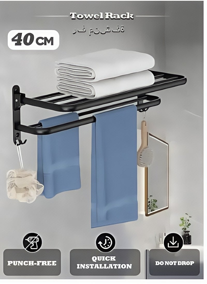 Beautiful 40 CM Bathroom Towel Rack Organlzer Non Perforated Storage Rack Wall Mounted Foldable Towel Shelf with Towel Bar Storage Rack Brushed Holder for Folding Large Towels Hotel Towel Rack Wall Mounted with Hooks (Black)  - Image 3