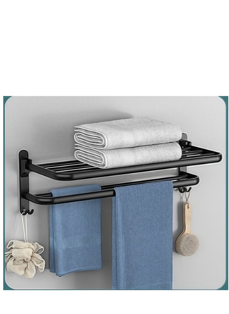 Beautiful 40 CM Bathroom Towel Rack Organlzer Non Perforated Storage Rack Wall Mounted Foldable Towel Shelf with Towel Bar Storage Rack Brushed Holder for Folding Large Towels Hotel Towel Rack Wall Mounted with Hooks (Black)  - Image 1