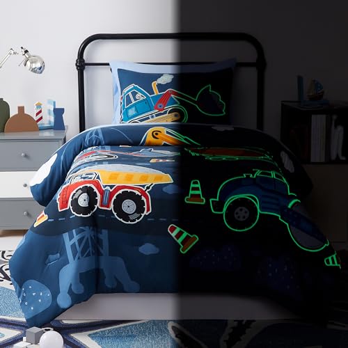 Kaleido Space Twin Kids Comforter Set  5 Pieces Twin Bedding Sets for Boys Teen Glow in The Dark Truck Tractor Excavator Bed in A Bag with Sheets