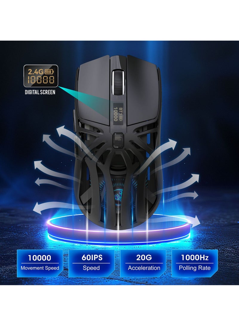 HXSJ Wireless Gaming Mouse, Lightweight 10000 DPI Digital Screen Programmable Silent Tri-Mode Bluetooth/2.4G/USB-C Wired Ergonomic Gamer Mouse with Side Buttons for PC Laptop Computer Mac Gift,RGB Light  - Image 3