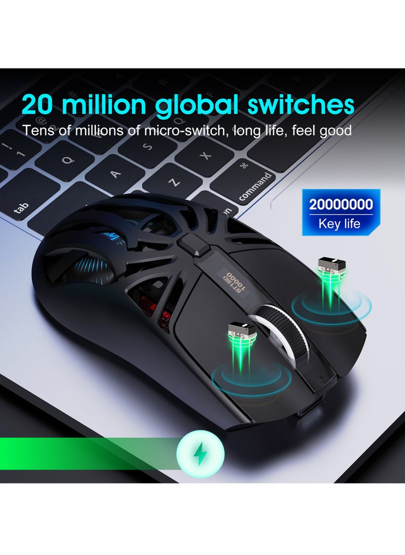 Wireless Gaming Mouse, Lightweight 10000 DPI Digital Screen Programmable Silent Tri-Mode Bluetooth/2.4G/USB-C Wired Ergonomic Gamer Mouse with Side Buttons for PC Laptop Computer Mac Gift,RGB Light