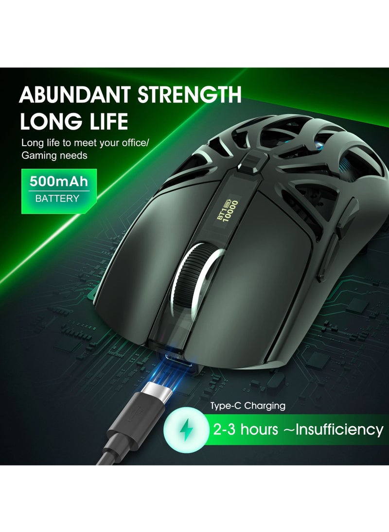 Wireless Gaming Mouse, Lightweight 10000 DPI Digital Screen Programmable Silent Tri-Mode Bluetooth/2.4G/USB-C Wired Ergonomic Gamer Mouse with Side Buttons for PC Laptop Computer Mac Gift,RGB Light