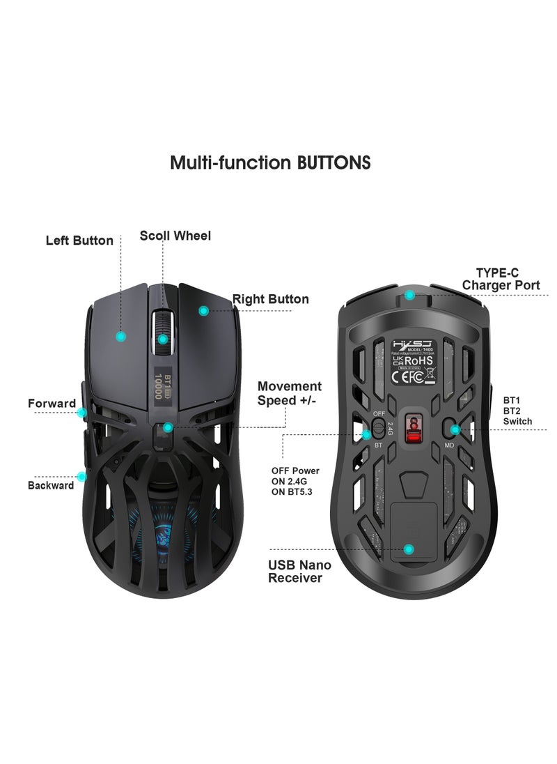 Wireless Gaming Mouse, Lightweight 10000 DPI Digital Screen Programmable Silent Tri-Mode Bluetooth/2.4G/USB-C Wired Ergonomic Gamer Mouse with Side Buttons for PC Laptop Computer Mac Gift,RGB Light