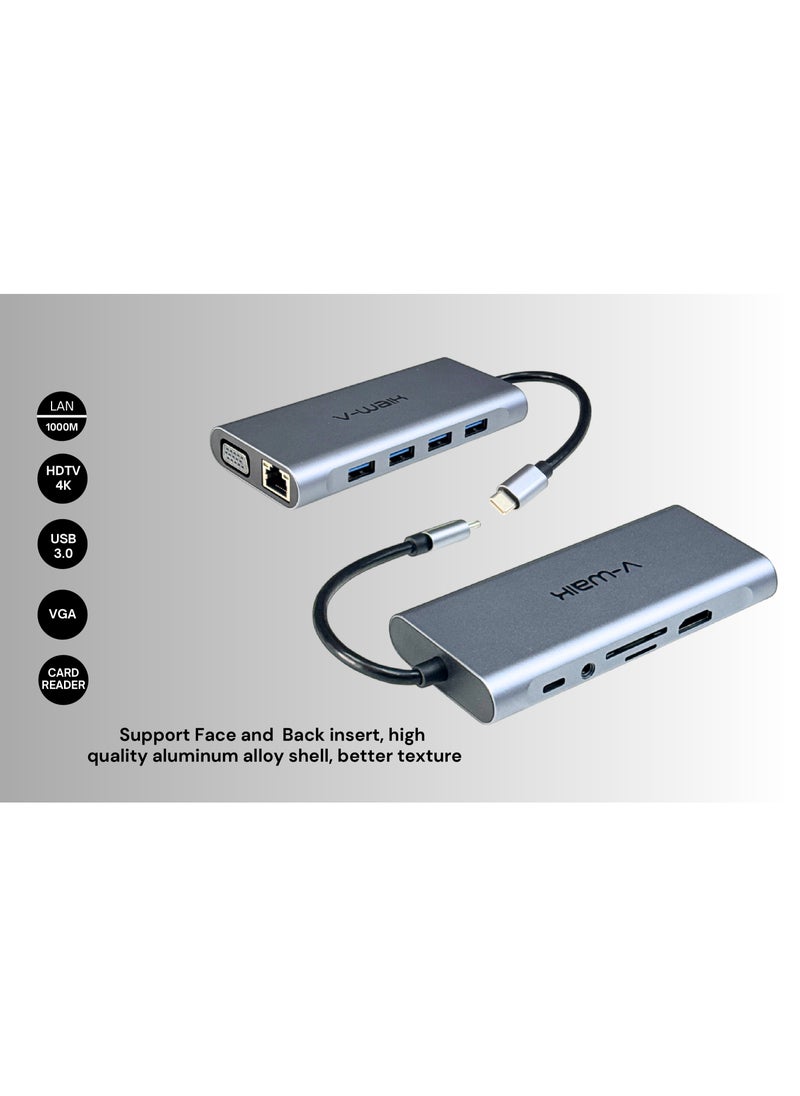 V-Walk 11 in 1 USB C Type HUB, USB C Adapter 11 in 1 Dongle with 4K HDMI, VGA, Type C PD, USB 3.0, RJ45 Ethernet, SD/TF Card Reader, 3.5 mm AUX, Docking Station  - Image 5
