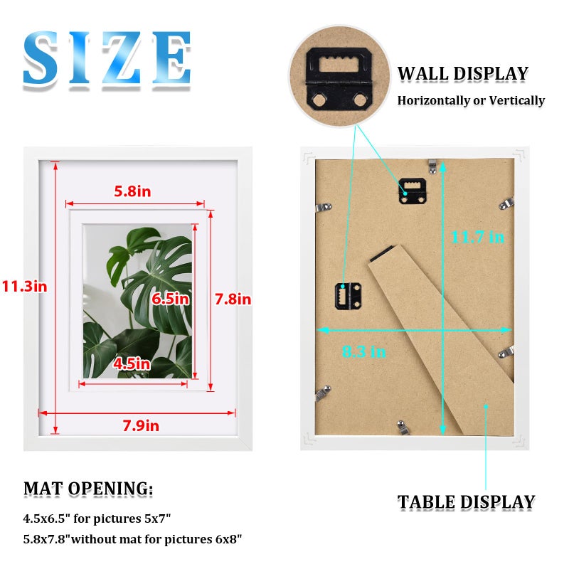 Egofine A4 Picture Frames Set of 4  Made of Solid Wood Covered by Plexiglass 5x7 and 6x8 with Mat or A4 whitout Mat  for Table Top Display and Wall Mounting Photo Frame White - Image 3