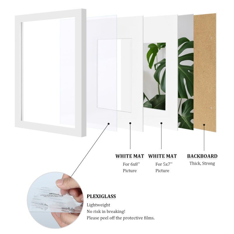 Egofine A4 Picture Frames Set of 4  Made of Solid Wood Covered by Plexiglass 5x7 and 6x8 with Mat or A4 whitout Mat  for Table Top Display and Wall Mounting Photo Frame White - Image 4