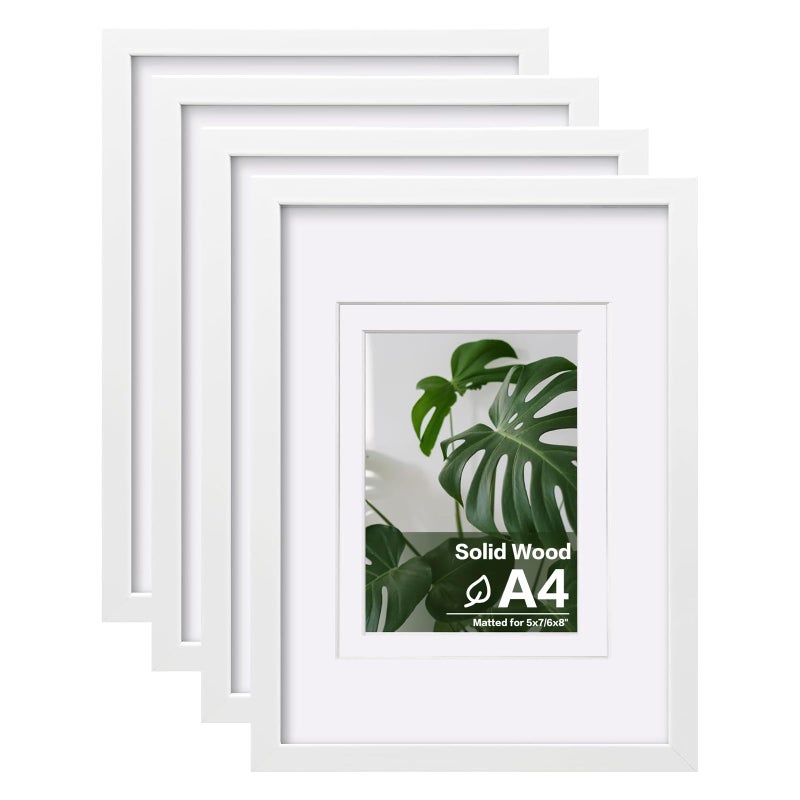 Egofine A4 Picture Frames Set of 4  Made of Solid Wood Covered by Plexiglass 5x7 and 6x8 with Mat or A4 whitout Mat  for Table Top Display and Wall Mounting Photo Frame White - Image 1