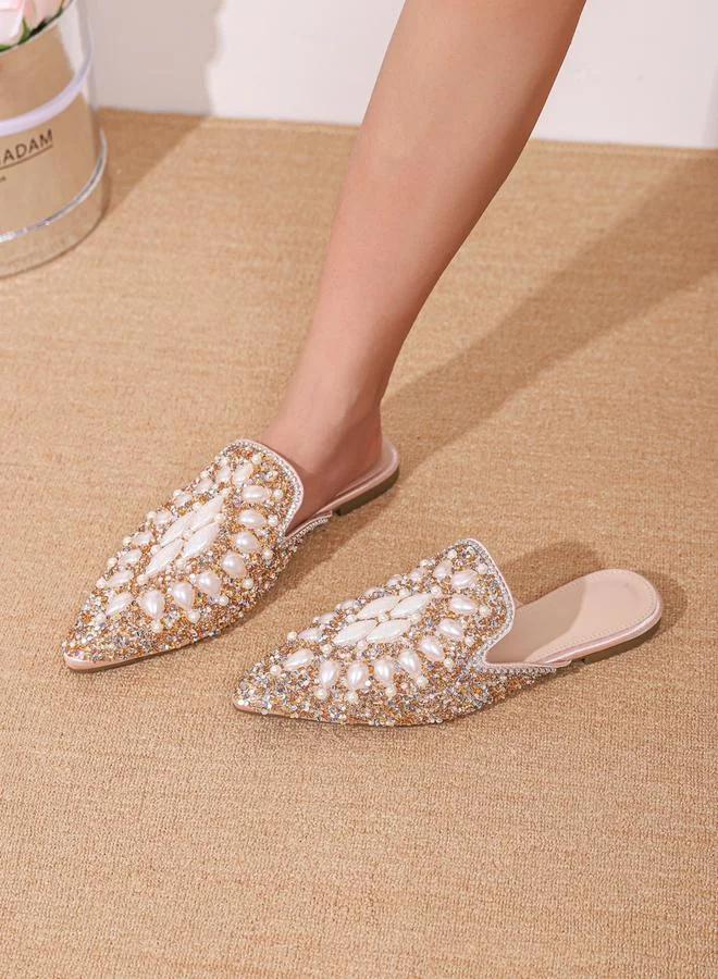Take Two Embellished Pointed Toe Slip On Flat Sandals