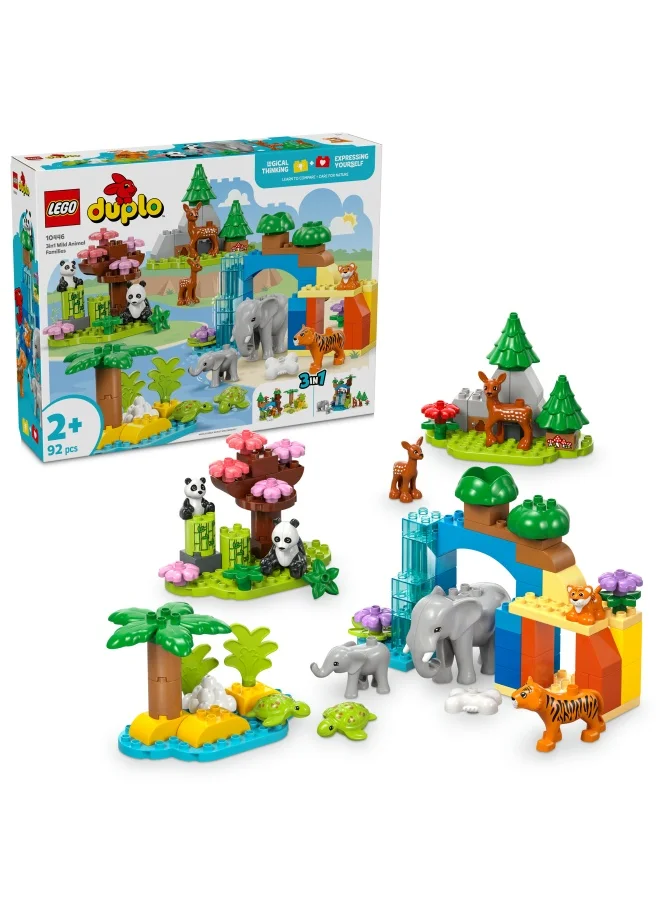 LEGO DUPLO 3in1 Wild Animal Families Set, Montessori Toddler Learning Toy with Turtle, Tiger, Elephant, Deer and Panda Figures for 2 Plus Years Old Girls and Boys 10446 (92 pieces)