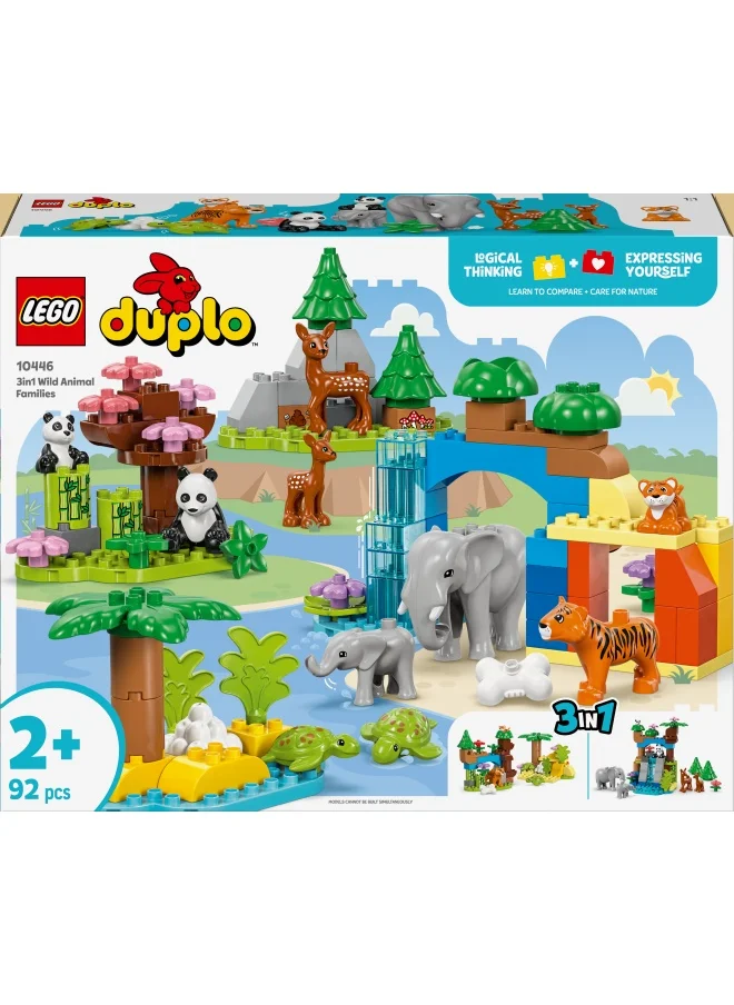 LEGO DUPLO 3in1 Wild Animal Families Set, Montessori Toddler Learning Toy with Turtle, Tiger, Elephant, Deer and Panda Figures for 2 Plus Years Old Girls and Boys 10446 (92 pieces)