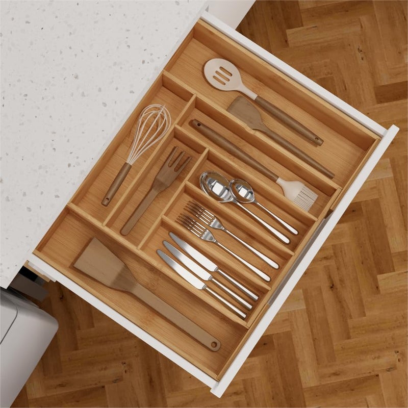 BAMEOS 3.9inch Tall Bamboo Drawer Organizer, Expandable Utensil Holder with 8 Compartments, Adjustable Kitchen Drawer Divider for Flatware, Silverware and Gadgets, Deep Storage for Home and Office - Image 5