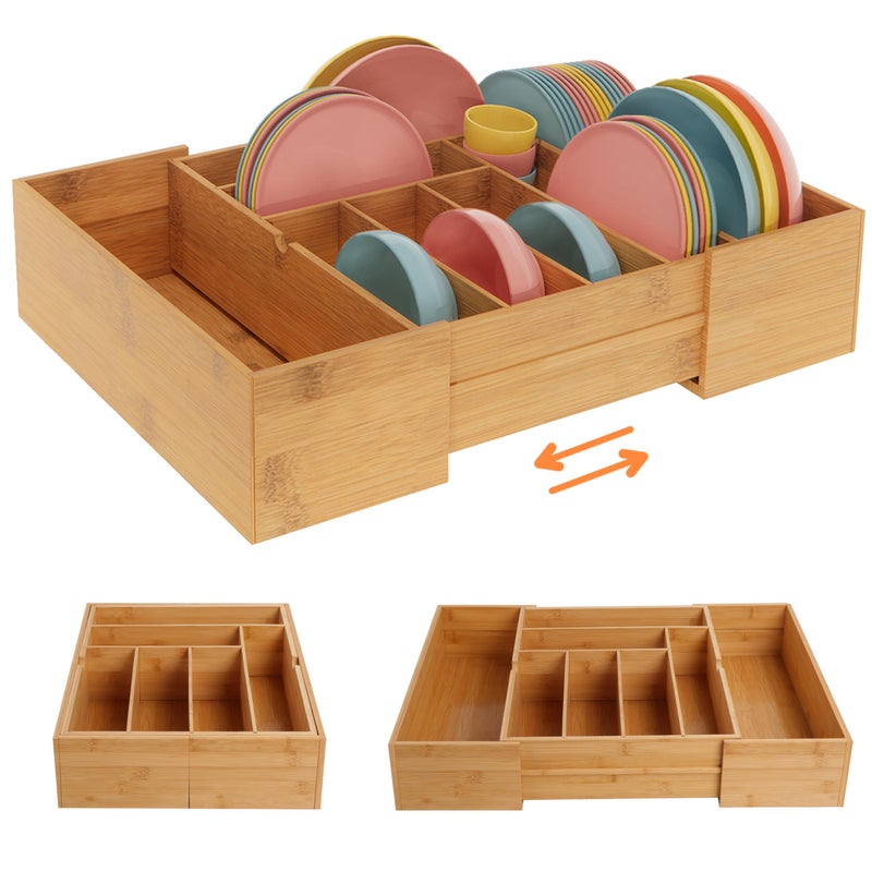 BAMEOS 3.9inch Tall Bamboo Drawer Organizer, Expandable Utensil Holder with 8 Compartments, Adjustable Kitchen Drawer Divider for Flatware, Silverware and Gadgets, Deep Storage for Home and Office - Image 1