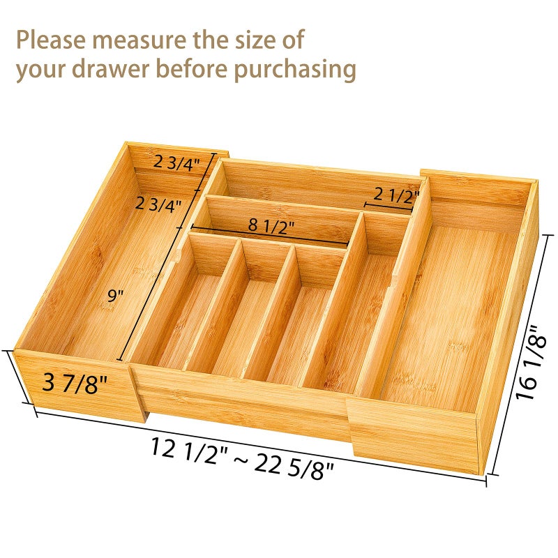 BAMEOS 3.9inch Tall Bamboo Drawer Organizer, Expandable Utensil Holder with 8 Compartments, Adjustable Kitchen Drawer Divider for Flatware, Silverware and Gadgets, Deep Storage for Home and Office - Image 3