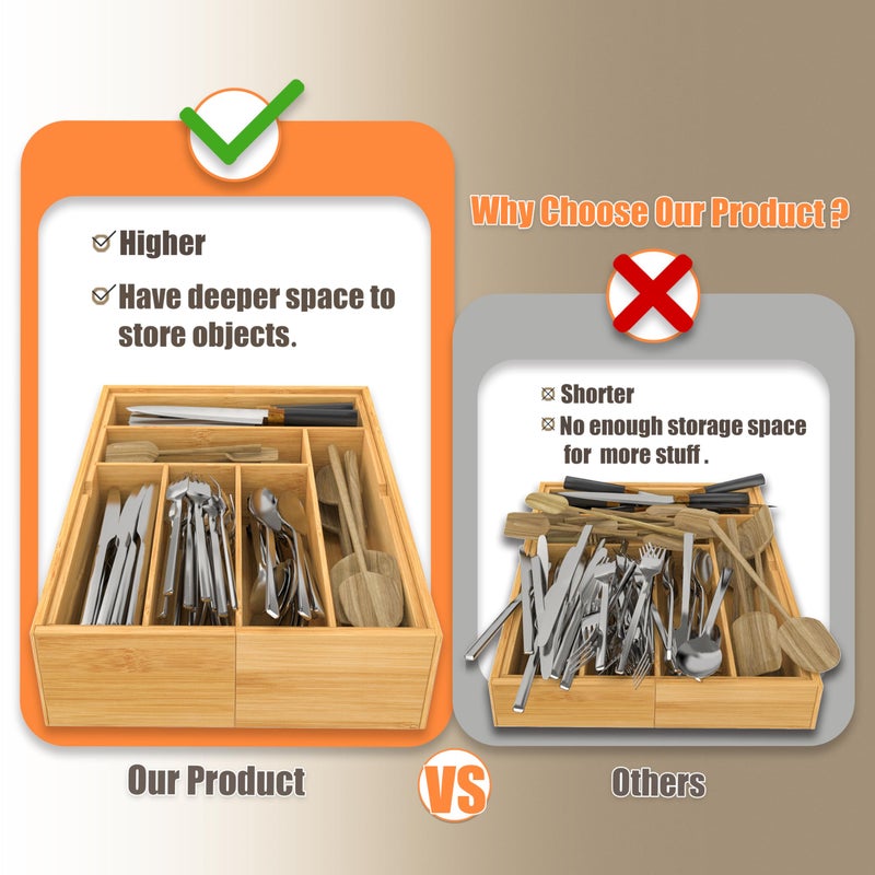 BAMEOS 3.9inch Tall Bamboo Drawer Organizer, Expandable Utensil Holder with 8 Compartments, Adjustable Kitchen Drawer Divider for Flatware, Silverware and Gadgets, Deep Storage for Home and Office - Image 2
