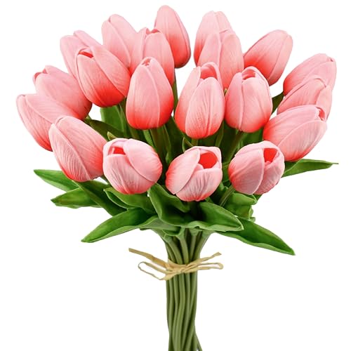 Mandy's Artificial Tulips 20 Stems Coral PU Faux Flowers for Wedding Home Decor 13.5 Inch - Image 1