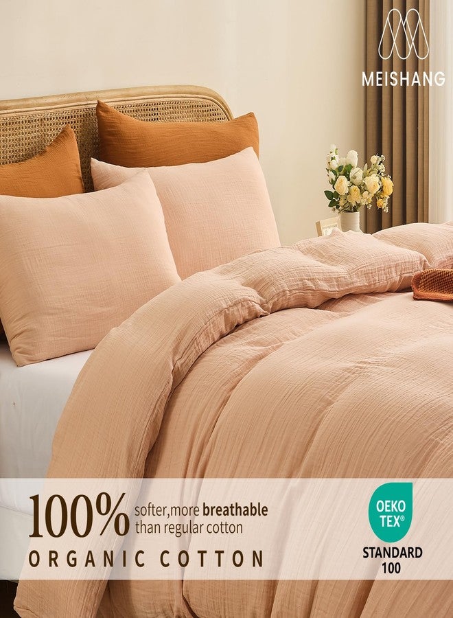 MEISHANG Muslin Duvet Cover Queen Size - 100% Organic Cotton, Soft Textured Gauze Weave Comforter Cover for Breathable All-Season with Zipper Closure - 3 Piece Set (Queen, Cameo Rose) - Image 3